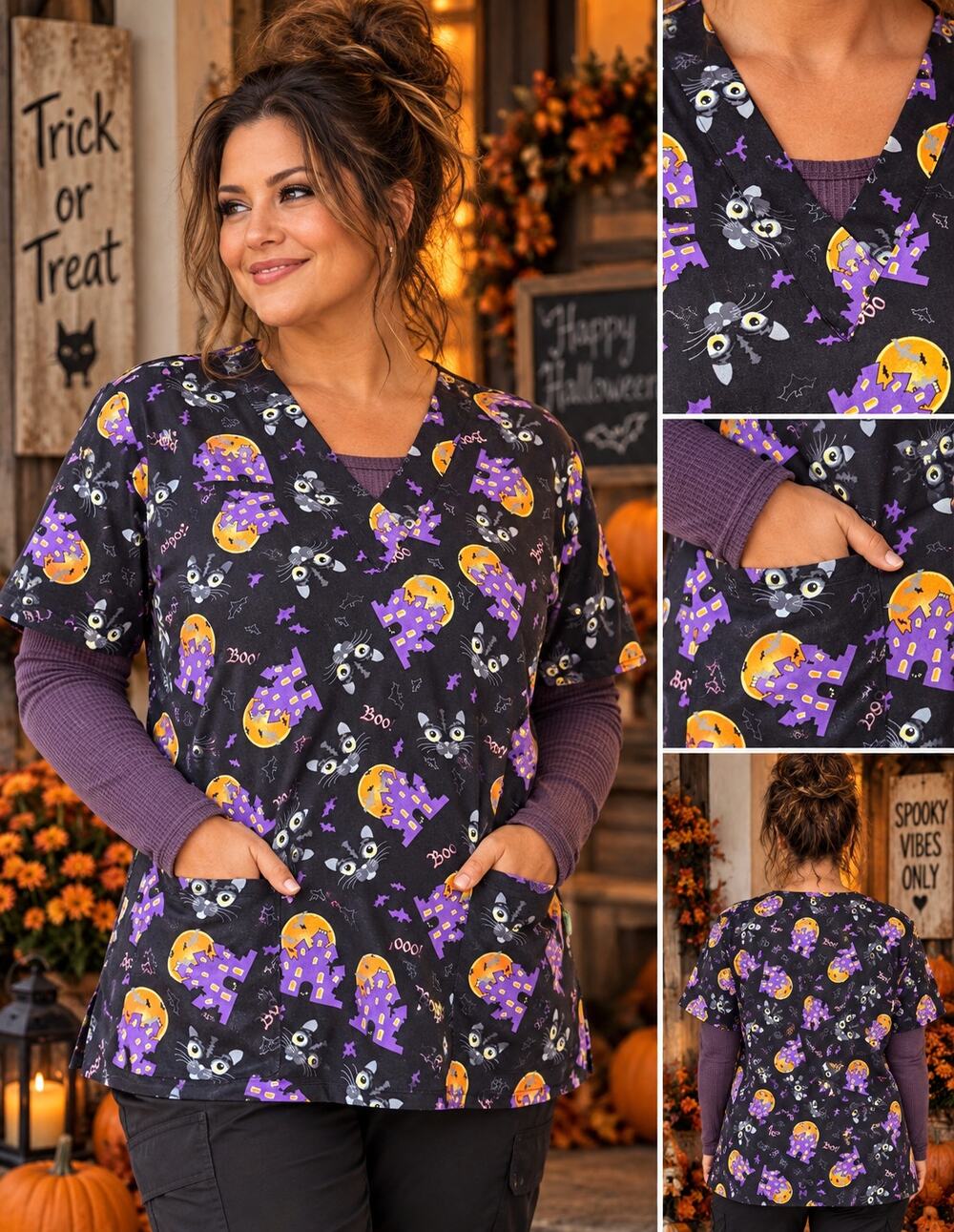 Tafford Halloween Scrub Top Black Cat Haunted House Boo Spooky L/XL